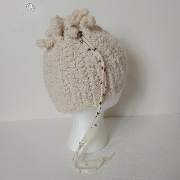 Vintage Hand Knit Hat Crochet Beaded Jeweled Pull String Tie Boho - Picture 7 of 9